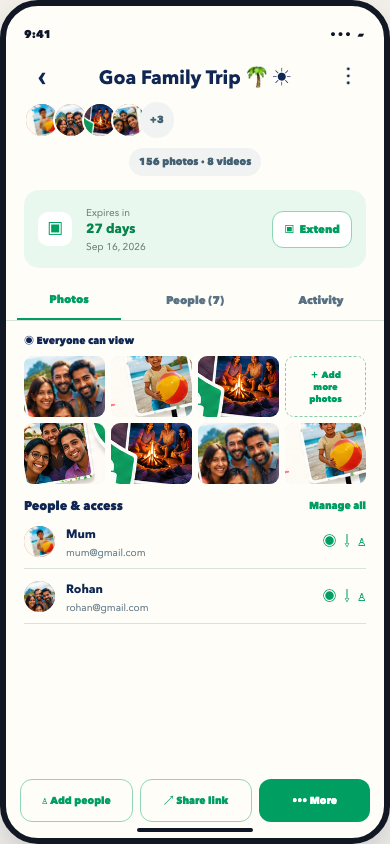 AasaanShare album with photos, people, and access expiry controls