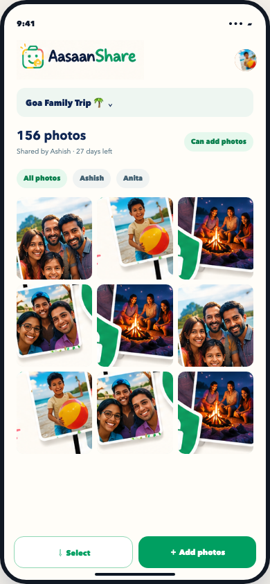 A private AasaanShare recipient gallery with album photos and contribution access